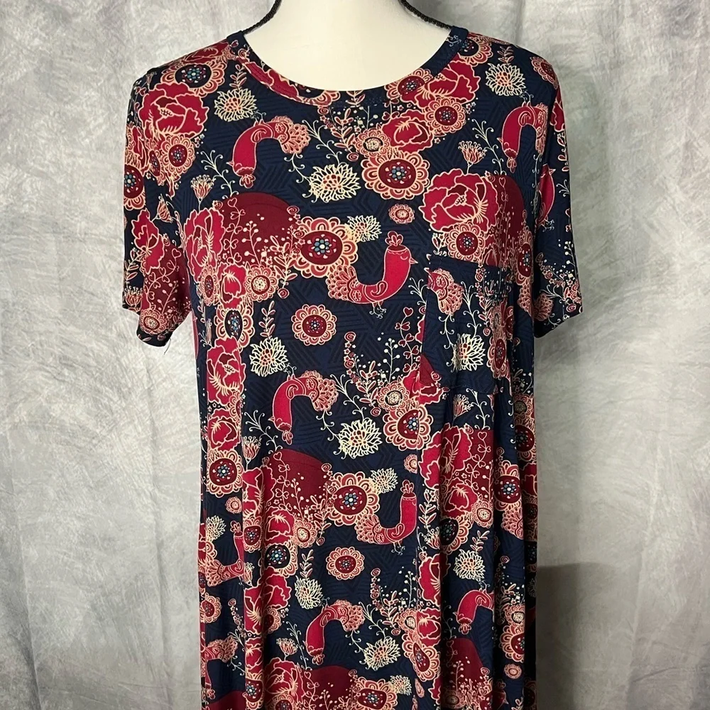 LuLaRoe Carly Floral Print Navy and Red Short Sleeve High-Low Swing Dress - S